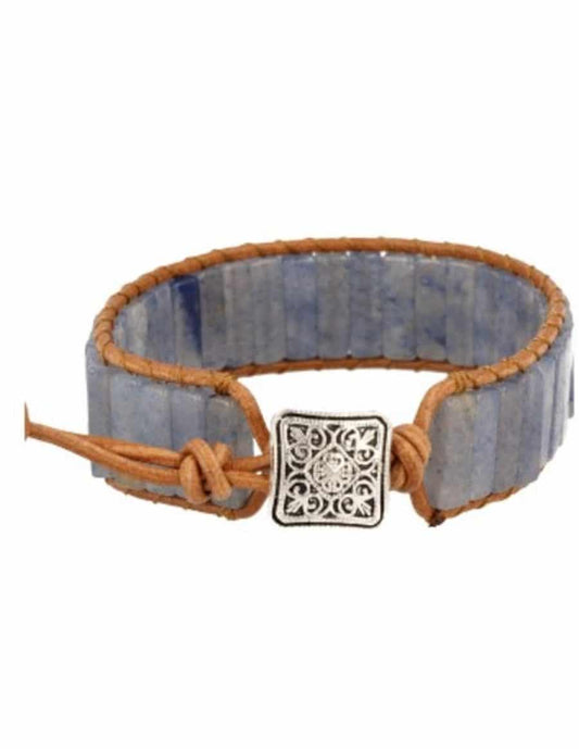 Blauwe kwarts leren armband gipsy- style - Frequentieverhoger!